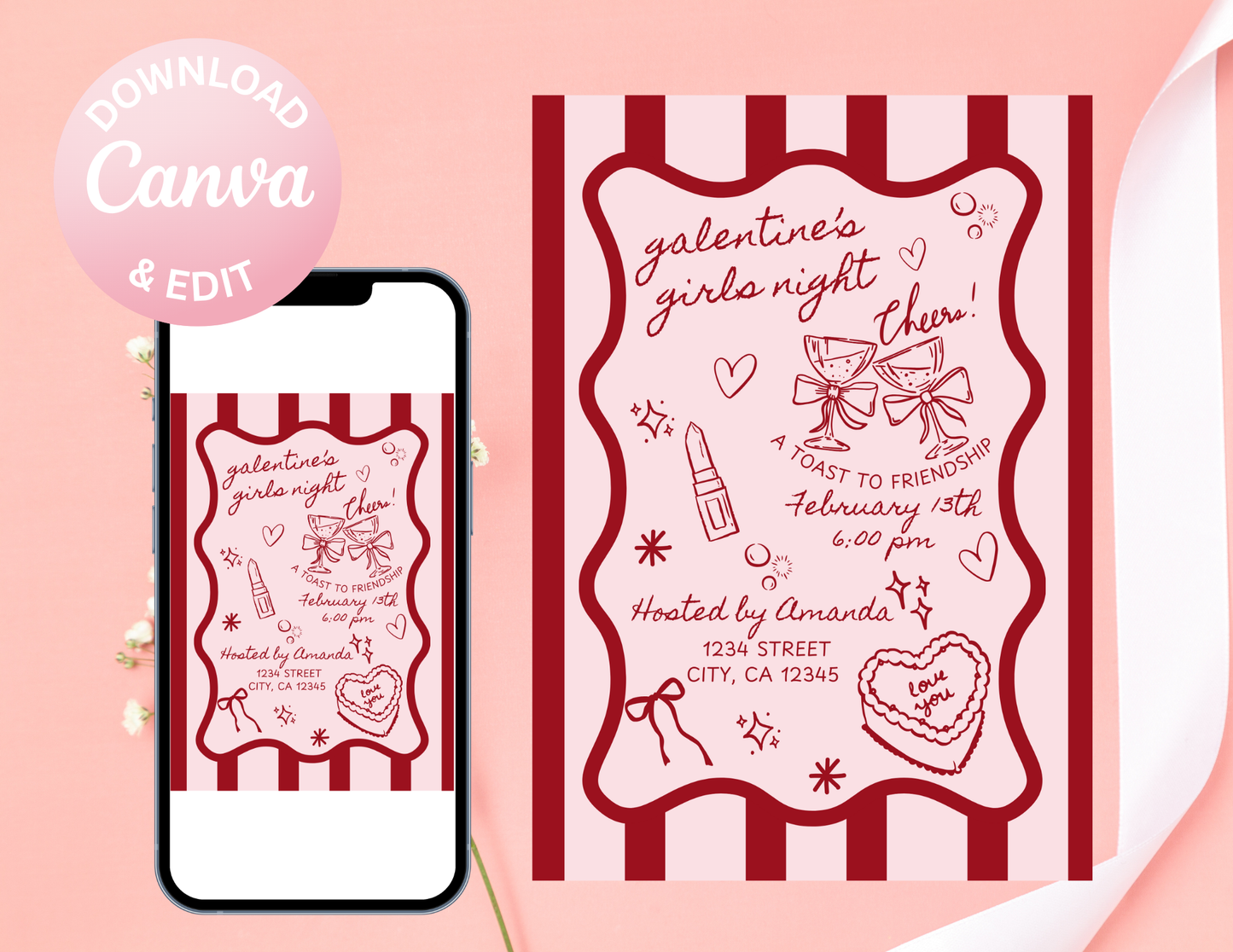 Valentine's Girls Night Out Digital Invitation - Doodle Coquette Design | Instant Download