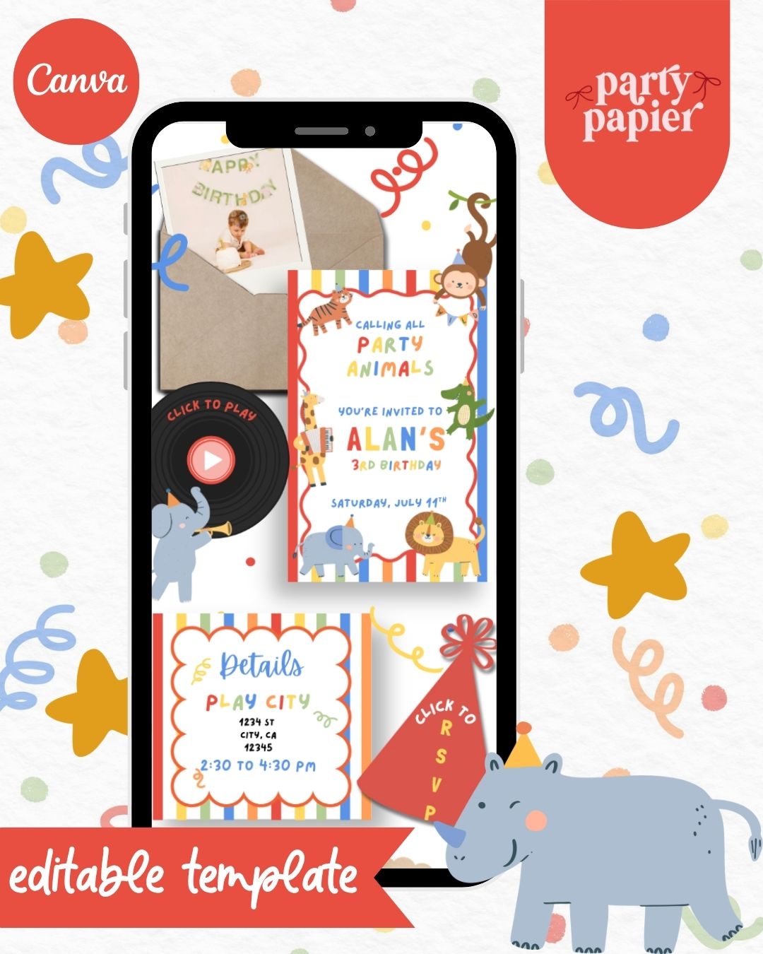 Party Animals Digital Birthday Invitation Template | Editable Canva Invite | Animated Kids Birthday Invitation | Jungle Animal Birthday