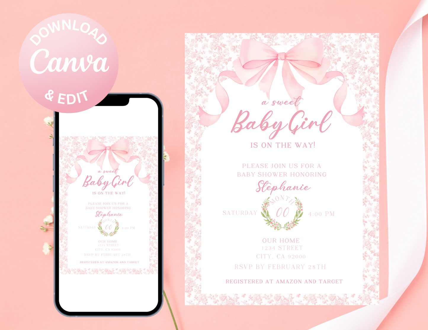 French Toile Pink Bow Baby Shower Invitation - Digital Download | Elegant Vintage Design